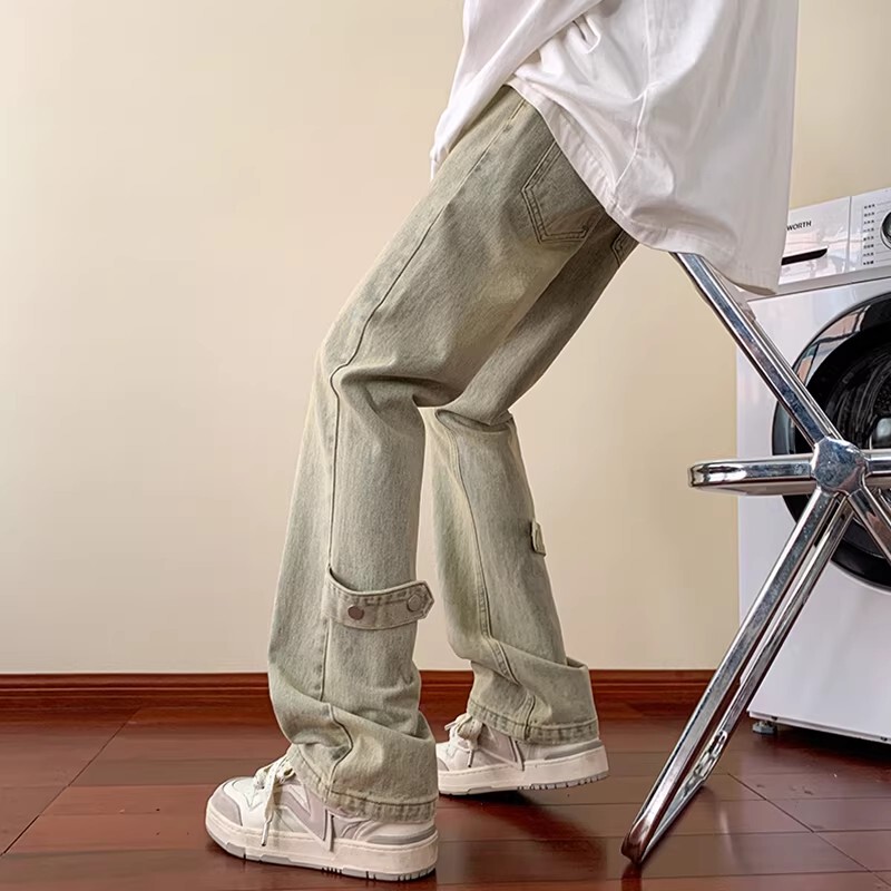 Kuraishi Kazuki Trendy American Retro Jeans for Men, Spring and Autumn Straight Slim Fit Flared Button Casual Pants