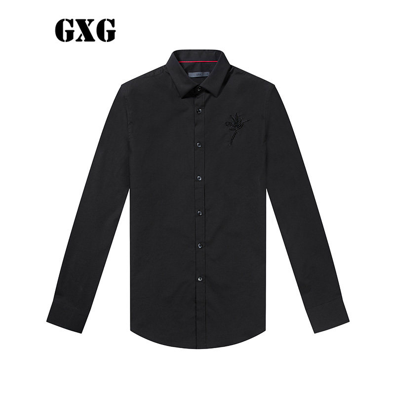 GXG男装  秋季男士修身型黑色斯文长袖休闲衬衫衬衣#63103502
