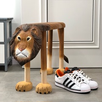 Lions Swapped Shoes Stool Home Doorway Solid Wood Hand Engraving Large Animal Creative Short Stool Soft Decoration Wear stool