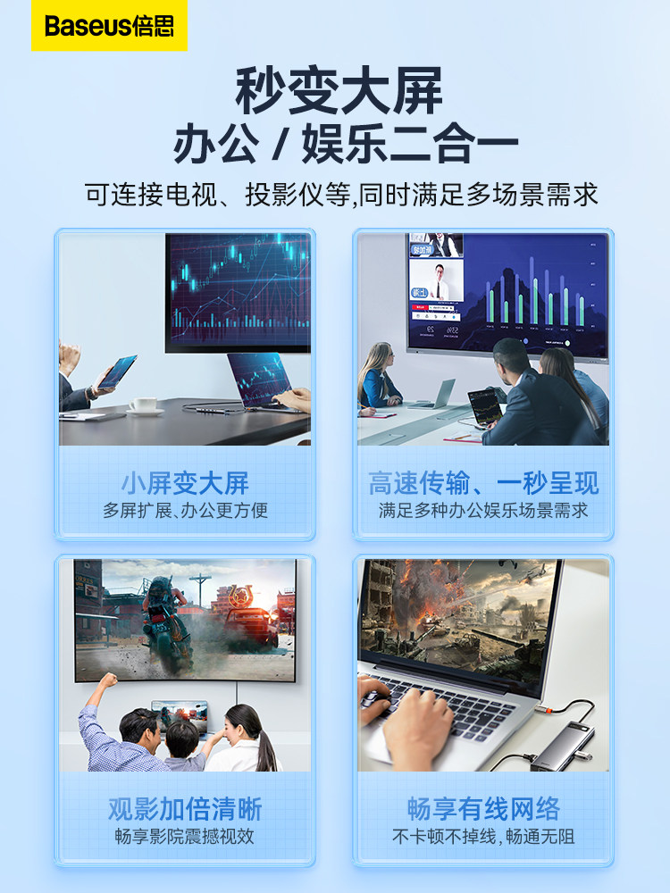 Baseus Type-C Docking Station USB Expansion Multi-Port Adapter Suitable for Desktop Computers, Laptops, and Mobile Phones, Thunderbolt 4 Hub, Multi-Interface HDMI Converter, Network Port Hub