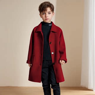 Korean Uamtor Boys' Double-Sided Cashmere Coat, Autumn and Winter Mid-Length Warm Ankora Red Fashionable Stylish Jacket