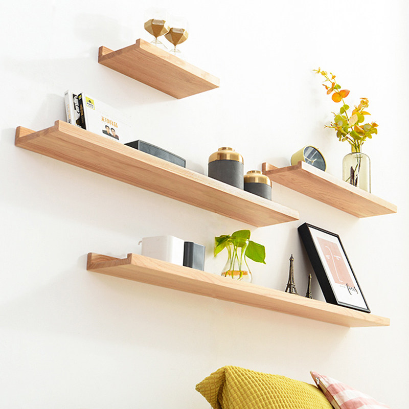 Punch-free solid wood wall shelf Wall hanging layer bookshelf living room decoration shelf hanging wall word partition