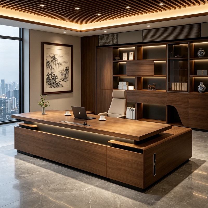 Modern North American Black Walnut L-Shaped Executive Desk Storage Cabinet Bookcase President's Office Desk and Chair Set