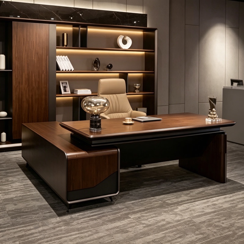 Italian-Style Minimalist Solid Wood Executive Desk, High-End Luxury Ceo Desk, Modern Business Office Bookcase Combination