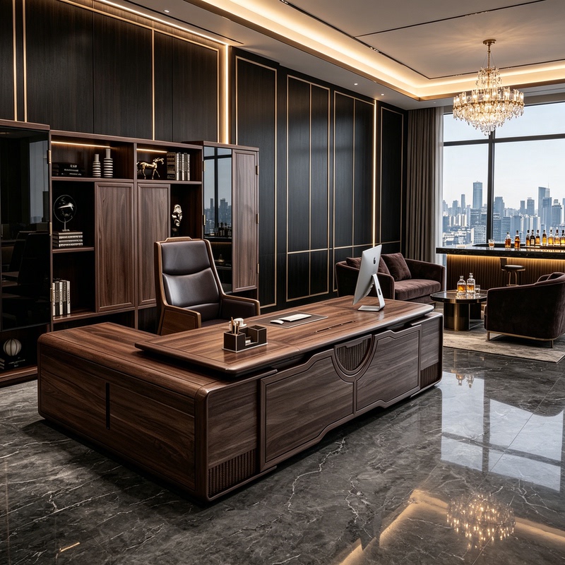 New Chinese-Style Rattan Texture Walnut Executive Desk Modern Minimalist Solid Wood Executive Desk and Chair