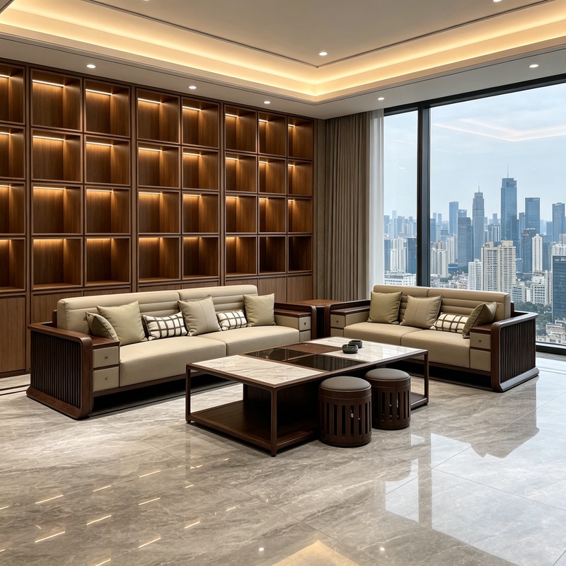 New Chinese-Style Solid Wood Vertical Grille Sofa Set, Slate Coffee Table, Storage Side Table, Round Stool, Large Flat-Floor Living Room Furniture New Chinese-Style Solid Wood Vertical Grille Sofa Set, Slate Coffee Table, Storage Side Table, Round Stool, Large Flat-Floor Living Room Furniture