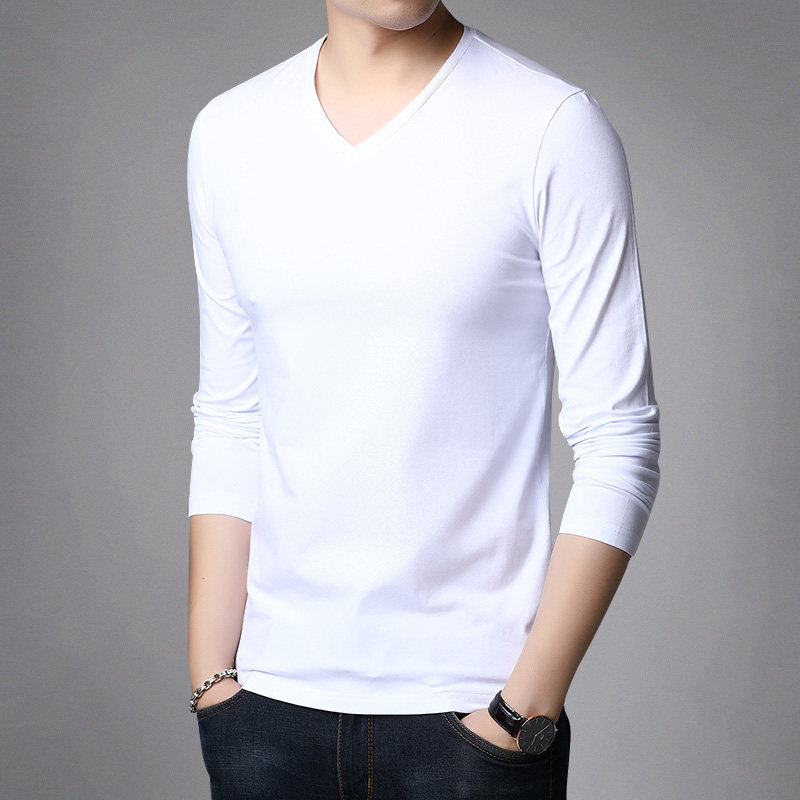 Spring and autumn men's long sleeves T-shirt pure cotton slim fit V neckline T-shirt Korean version V collar pure color large size for undershirt
