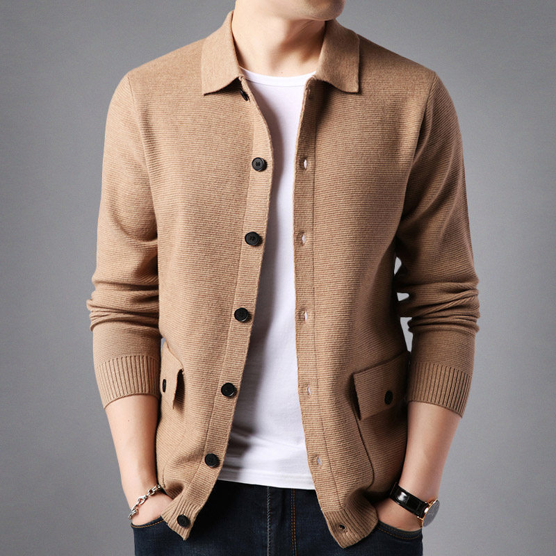 Autumn simple knitted cardigan men's outerwear solid color sweater men's lapel button sweater trendy pocket jacket
