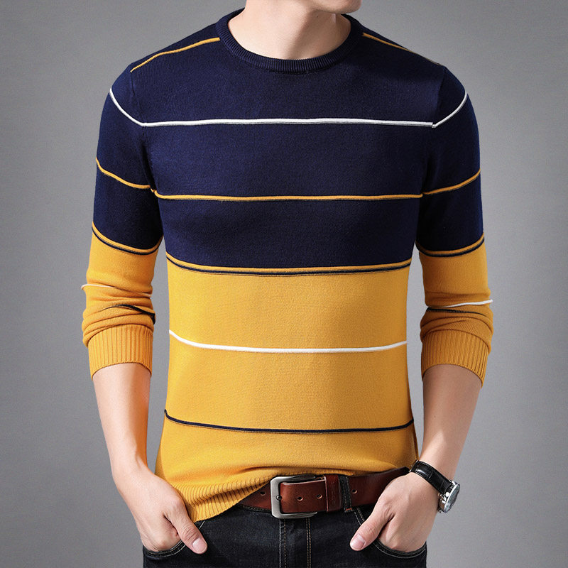Spring and autumn new men's long-sleeved T-shirt thin section knitted sweater round neck large size bottoming shirt men's stretch T-shirt top