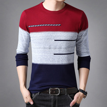 Fall new mens long sleeves T-shirt thin knitwear The Korean version of the body line Stripes thin autumn clothes round the undershirt