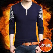 Winter plus suede thickened V-collar men long sleeves T-shirt Body Knit Undershirt Big Code Tide Mens sweatshirt