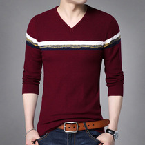 Fall new V-collar mens long sleeves T-shirt slim fit knit bottom-knit undershirt large code wave mens clothing youth line clothes
