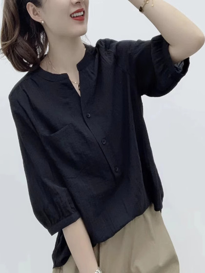 薄款女士衬衫夏季新款设计感小众v领半袖衫上衣时尚宽松显瘦衬衣