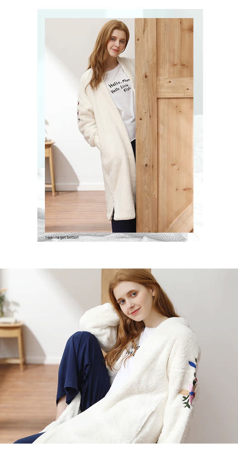 Bộ đồ ngủ nữ Fenteng mùa thu và mùa đông dày flannel áo khoác dài tay áo choàng tắm lông cừu san hô có thể được mặc bên ngoài dịch vụ nhà áo ngủ nam