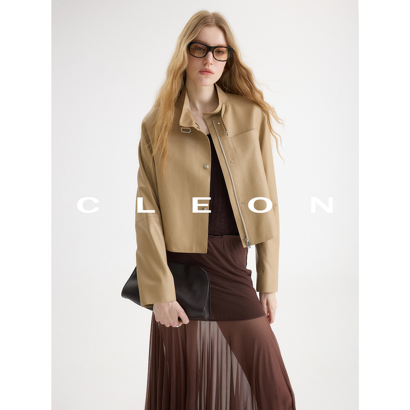Cleon/ Imported from Turkey, Lightweight and Flexible Lambskin Leather Stand-Up Collar Short Workwear Jacket Leather Coat