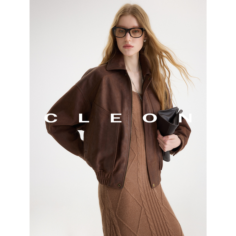 Cleon/Suede Sheepskin_Original Foam Leather Lambskin Loose Long Sleeve Genuine Leather Jacket for Women