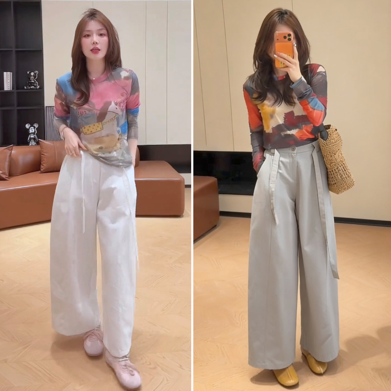 Fashion Set for Women: Spring Printed Long-Sleeve Base Shirt, Vintage Slim-Fit Tie-Dye T-Shirt, High-Waisted Casual Pants, Trendy