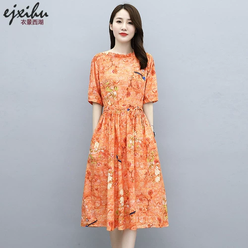 Летний длинный корсет, длинная юбка, тонкое платье с рукавами, из хлопка и льна, средней длины, 2020, свободный крой