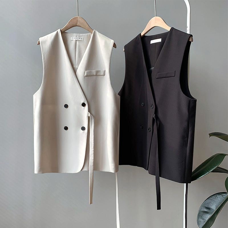 Spring and autumn V collar Korean version double-row buttoned suit vest woman loose display slim 100 lap pure color temperament fashion vest jacket