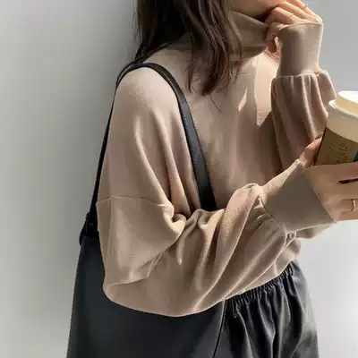 Autumn and winter solid color long sleeve plus velvet high neck loose long sleeve T-shirt female Korean version of solid color inside base shirt female