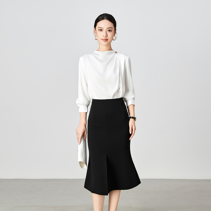Stand Collar Metal Button Shirt New Commuter Suit Women's Shirt with High-Waisted Skirt Workplace Interview Two-Piece Set 26 Stand Collar Metal Button Shirt New Commuter Suit Women's Shirt with High-Waisted Skirt Workplace Interview Two-Piece Set 26