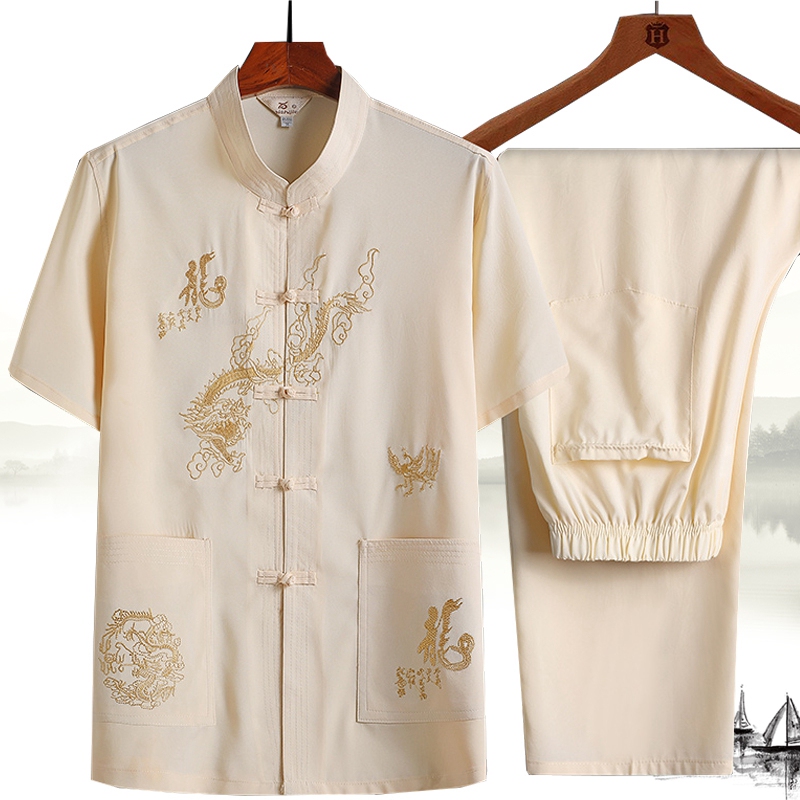 Chinese Style Tang Suit for Middle-Aged and Elderly Men, Summer Short-Sleeved Shirt Set, Chinese Embroidery Grandpa Outfit, Morning Exercise Hanfu