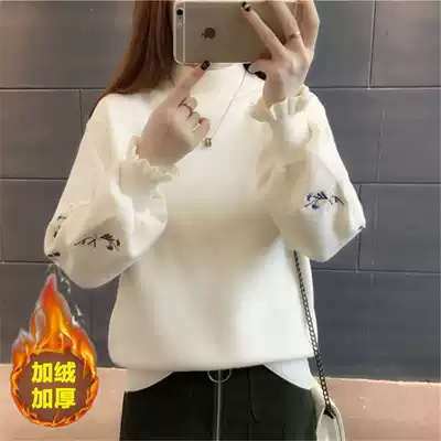 Plus velvet thickened ladies autumn and winter embroidered twist sweater women's pullover short loose Korean version of Joker top sweater