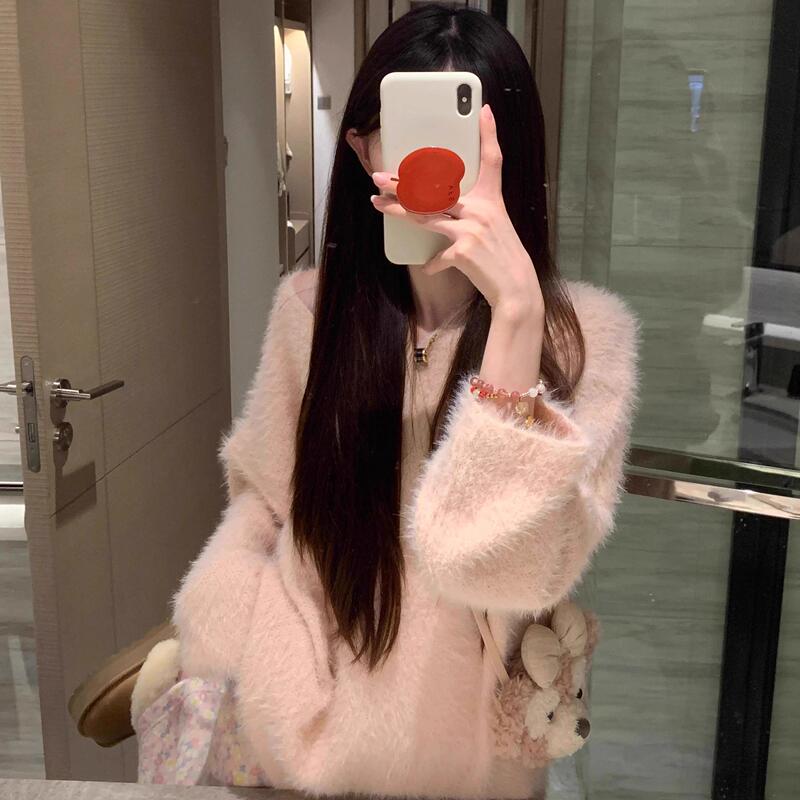 Soft and Lazy Style Pink New Mohair V-Neck Sweater for Women, Loose Korean-Style Mink Velvet Knit Top for Outerwear Soft and Lazy Style Pink New Mohair V-Neck Sweater for Women, Loose Korean-Style Mink Velvet Knit Top for Outerwear
