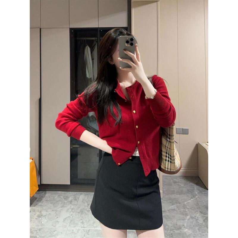Ankora Red Spring Korean Style Outfit Red Cardigan Sweater Coat for Women Autumn and Winter Petite Short Knitted Top Ankora Red Spring Korean Style Outfit Red Cardigan Sweater Coat for Women Autumn and Winter Petite Short Knitted Top