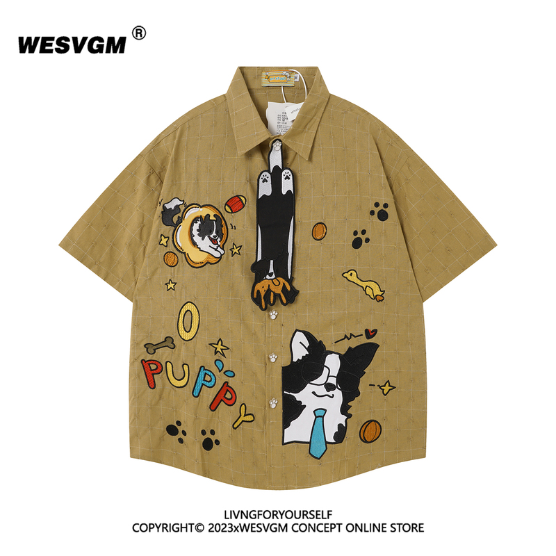 Wesvgm Design-Focused Niche Retro Fun Dog Embroidery Plaid Tie Short-Sleeve Shirt Unisex Loose Top