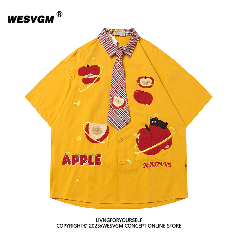 Wesvgm American Retro Fun Apple Embroidery Tie Short-Sleeved Shirt for Men and Women, Summer Loose Casual Top Trendy