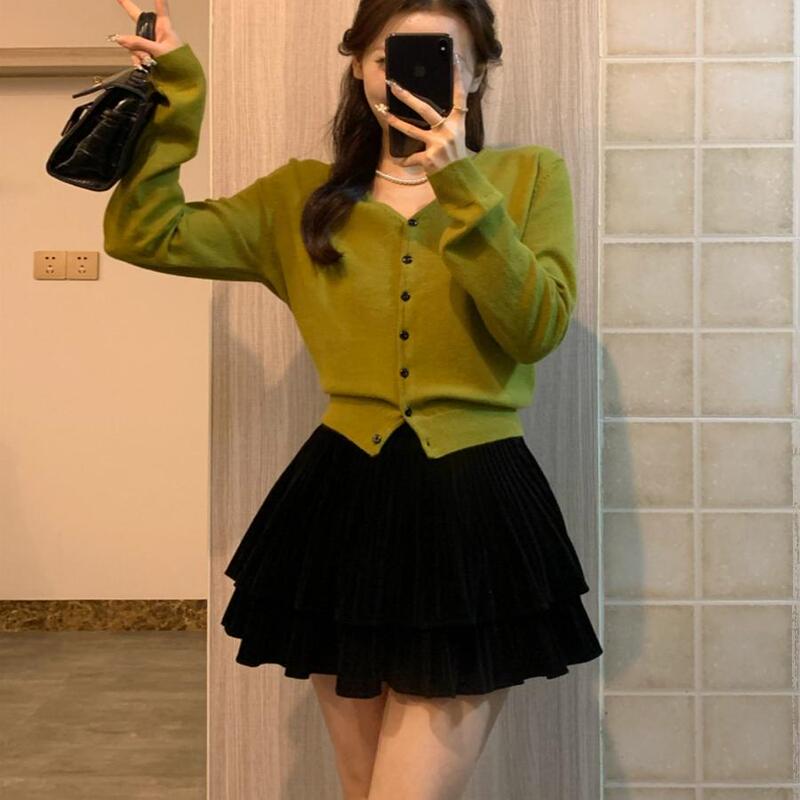 Mustard Green Sweater Cardigan, V-Neck, Women's Short Style, Waist-Cinching, Slimming, Early Spring Inner Layer, Avocado Green Knit Top