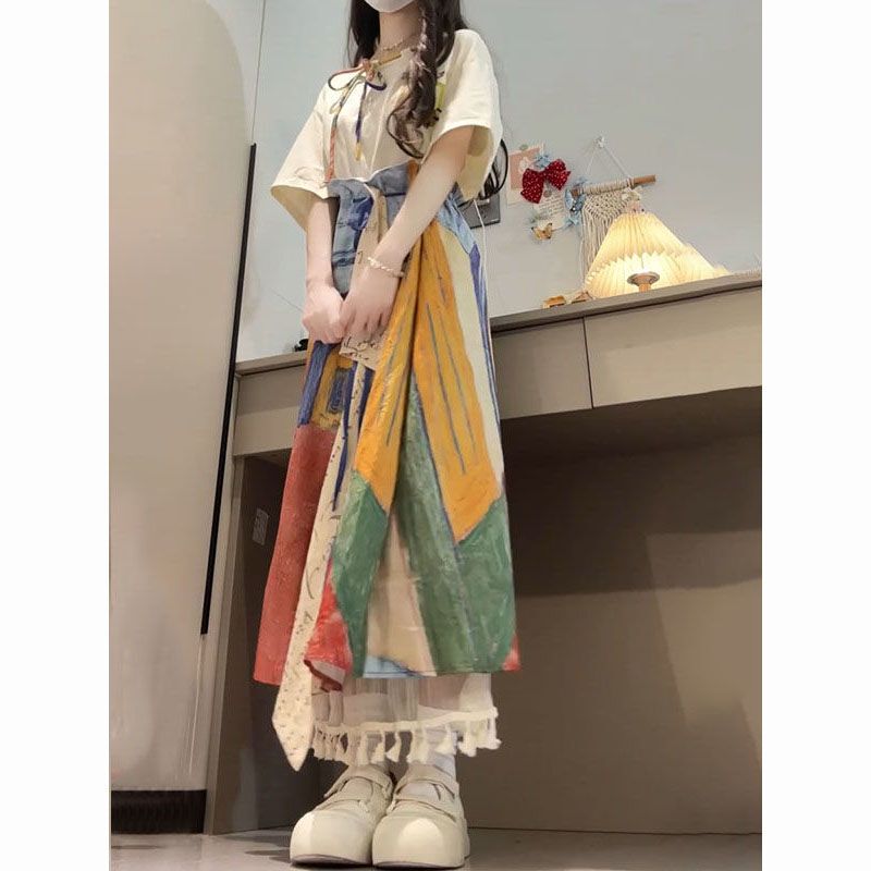 Vintage Artistic Short-Sleeve T-Shirt Top and Irregular Skirt Set for Women, Autumn Van Gogh Oil Painting Style Outfit Vintage Artistic Short-Sleeve T-Shirt Top and Irregular Skirt Set for Women, Autumn Van Gogh Oil Painting Style Outfit