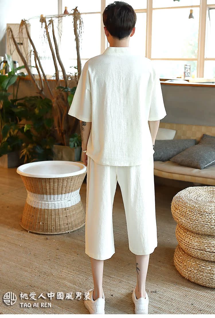 Trung quốc phong cách nút T-Shirt ngắn tay phù hợp với thiền phù hợp với bông linen linen mỏng phong cách Trung Quốc phong cách cổ xưa Tang phù hợp với nam giới quần áo