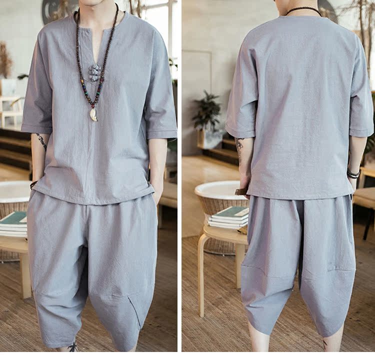 Trung quốc phong cách nút T-Shirt ngắn tay phù hợp với thiền phù hợp với bông linen linen mỏng phong cách Trung Quốc phong cách cổ xưa Tang phù hợp với nam giới quần áo