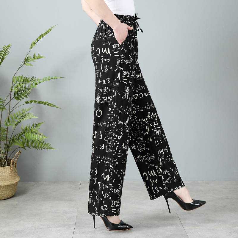 2026 Summer New Women's Casual Pants Plus Size Loose Printed Fashion Letter Cotton Linen Wide Leg Pants Thin Style