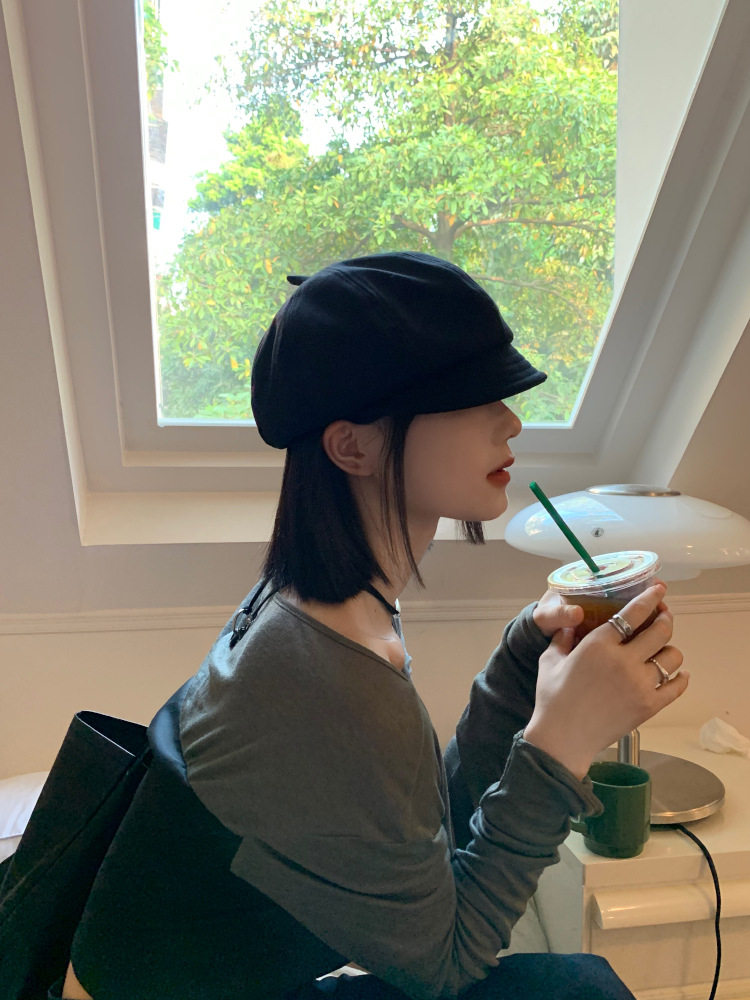 Black Octagonal Painter's Hat for Women, Korean Style, Makes the Face Look Smaller, Beret Hat, Japanese Style, Large Head Circumference, Beret Hat for Autumn and Winter, Trendy on Instagram