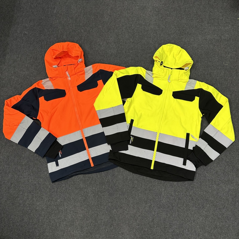Foreign Trade Fluorescent Yellow Autumn and Winter High Visibility Reflective Soft Shell Safety Jacket Fleece-Lined Hooded Workwear Jacket