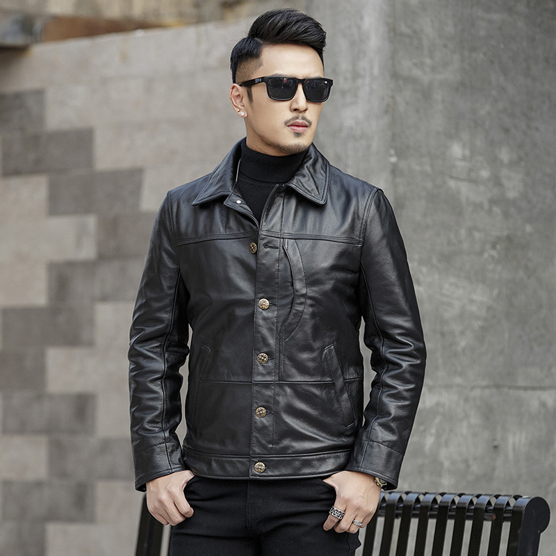 Hard Man Ride Men's Real Fur Clothes Short Han Edition Handy Bull Leather Handle Gas Locomotive Leather Jacket