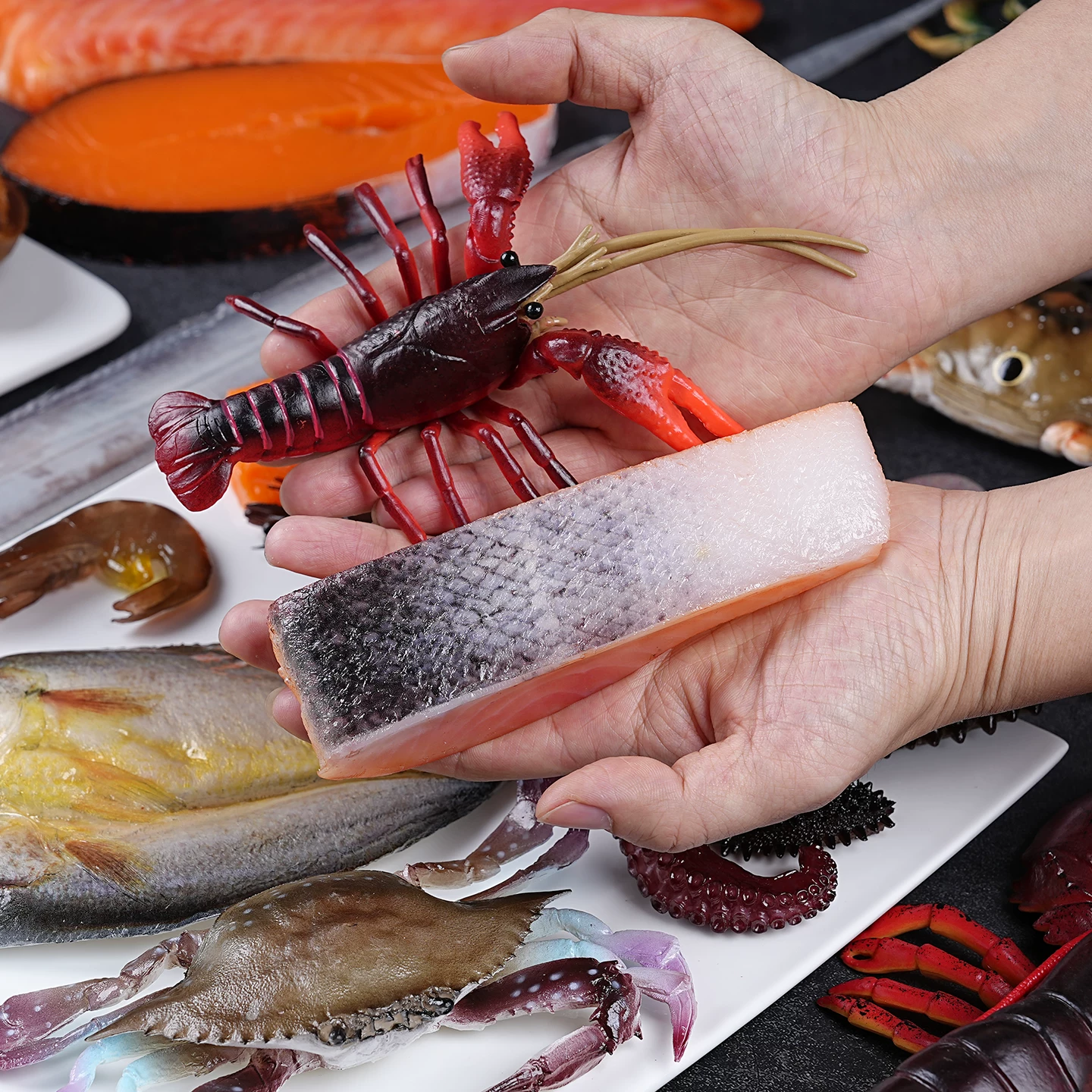 Simulation seafood model raw fruits and vegetable scallops, oyster oyster sea cucumber abalone squid crab crab, lobster props toys