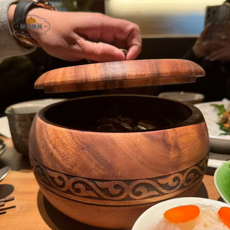 Hotel Restaurant Creative Wooden Tableware Round Smoked Barbecue Box Roasted Pigeon Wooden Box Tableware French Tableware