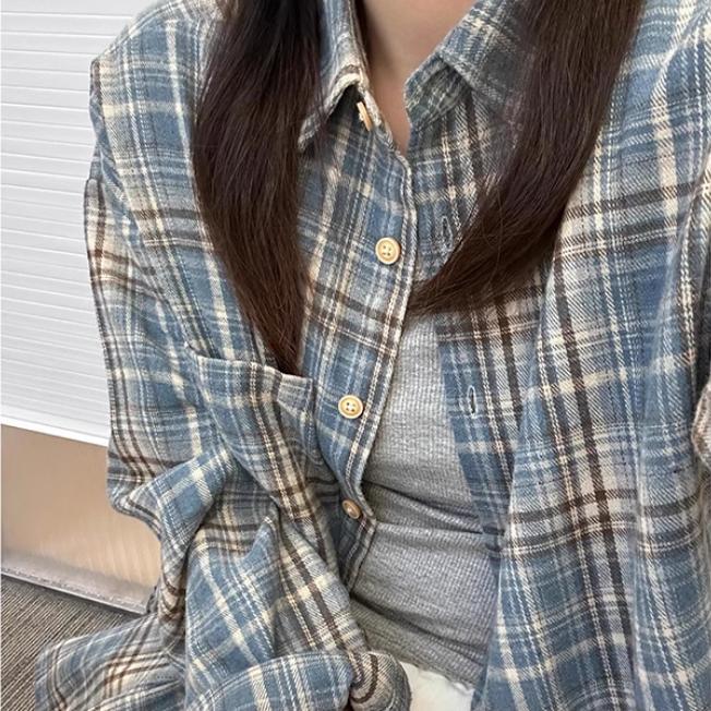 Cut-Label Ins Early Spring Blue Plaid Shirt for Women, Suitable for Layering or Wearing Alone, Long-Sleeve Top for Women Cut-Label Ins Early Spring Blue Plaid Shirt for Women, Suitable for Layering or Wearing Alone, Long-Sleeve Top for Women