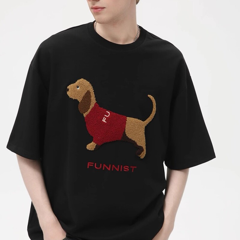 ins Pure Cotton Embroidered Short-Sleeved T-Shirt for Men and Women, Summer Loose and Versatile Cartoon Dog T-Shirt Top, Couple Style ins Pure Cotton Embroidered Short-Sleeved T-Shirt for Men and Women, Summer Loose and Versatile Cartoon Dog T-Shirt Top, Couple Style