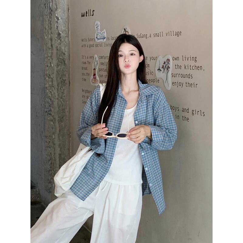 ins Blue Plaid Long Sleeve Sun Protection Shirt for Women New Summer Thin Loose Cardigan Top Plus Size