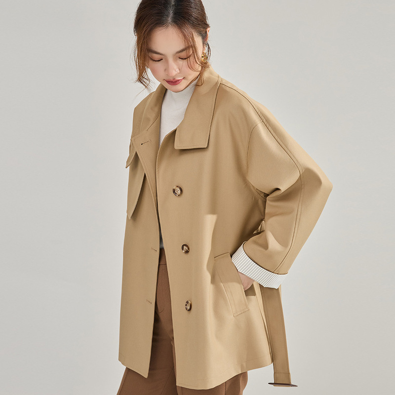 Autumn and Winter Commuting Korean Style Elegant Drapey Retro French Stand Collar Short Trench Coat for Women Classic Khaki Loose Fit