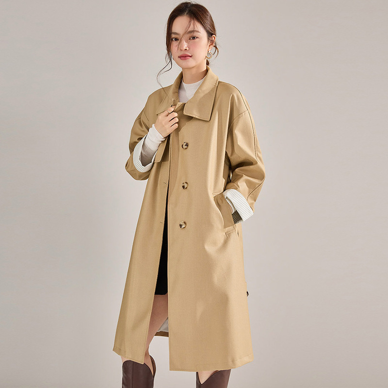 Autumn and Winter New Loose-Fitting Vintage French-Style Stand-Up Collar Mid-Length Trench Coat for Women in Classic Khaki Color
