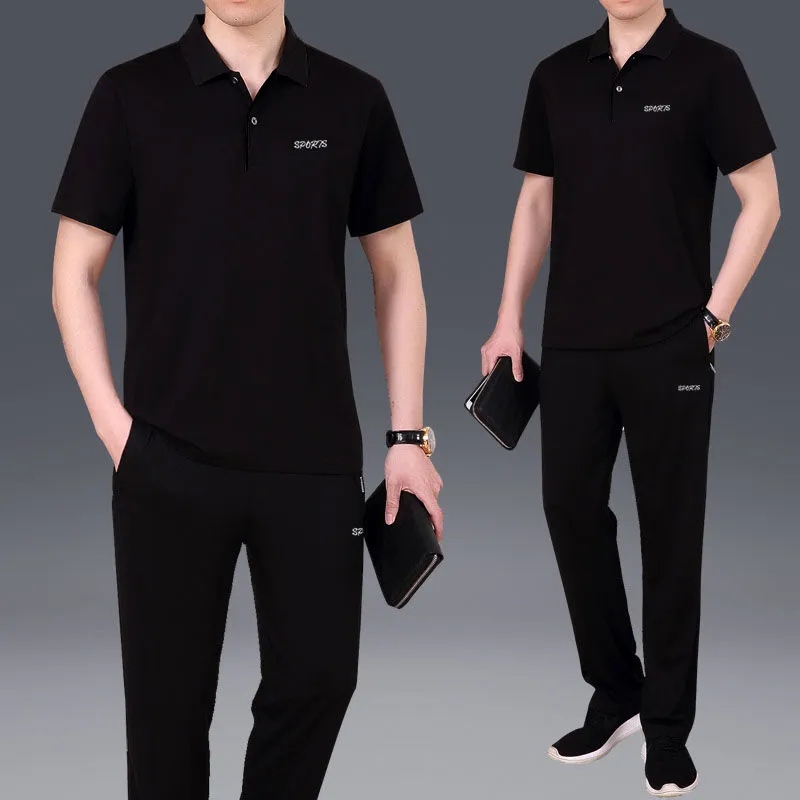Middle-Aged and Elderly Men's Sports Suit, Pure Cotton Short-Sleeved Polo Shirt, Long Pants Two-Piece Set, Dad's Outfit, Business Casual Wear, Trendy