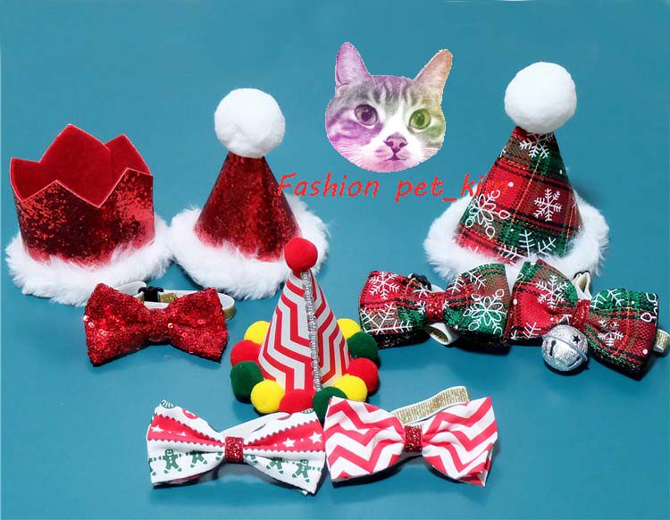Pet Christmas old man ice cream cone colored fur cap cat dog Bell bow tie crown hat snowflake Plaid set
