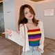 Hyuna Rainbow Sọc Ngắn Vai Áo yếm của Phụ nữ Mùa hè Mặc bên ngoài Ngắn rốn Thắt lưng sexy Dệt kim Xu hướng hàng đầu - Áo ba lỗ