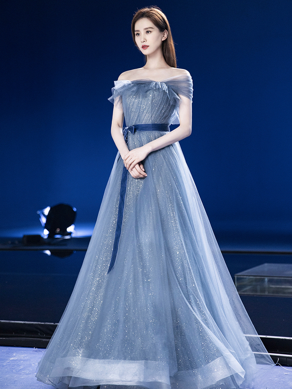 Alice Celebrity-Inspired Dress, Similar to Liu Shishi'S, New Shoulder-Baring Evening Gown for Annual Meetings and Banquets, Hostess Style
